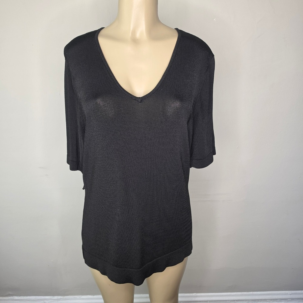 Jones New York Top Women XL Black Knit V-Neck Short Sleeve Tunic Missing Belt